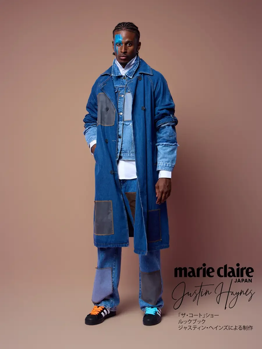 Denim jacket layered as a shirt under a mid-length trench, hand on hip, JUS10H Court Show lookbook