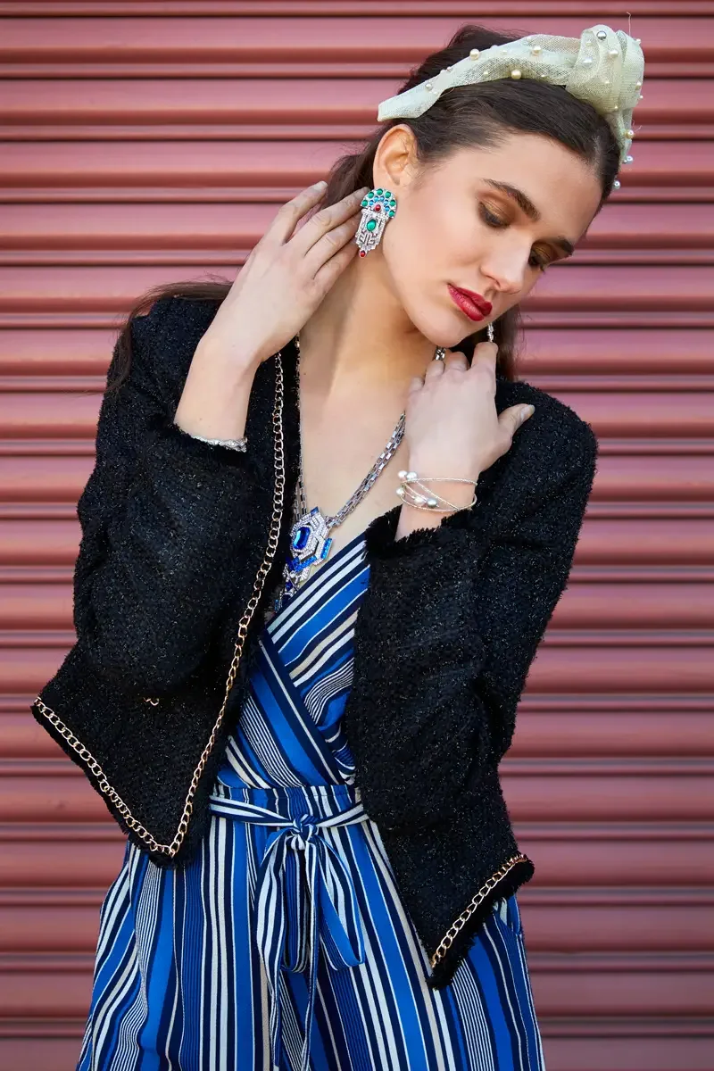 Victoria Henley, art deco crystal earrings and layered silver necklace detail, black tweed jacket, pink corrugated metal door, Los Angeles fashion week test shoot, photographed by Scott Parker Photo