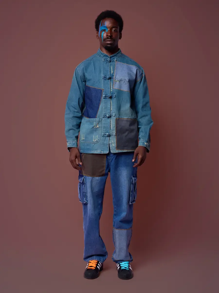 Mandarin collar denim jacket with denim cargo pants, JUS10H Court Show lookbook, Marie Claire Japan