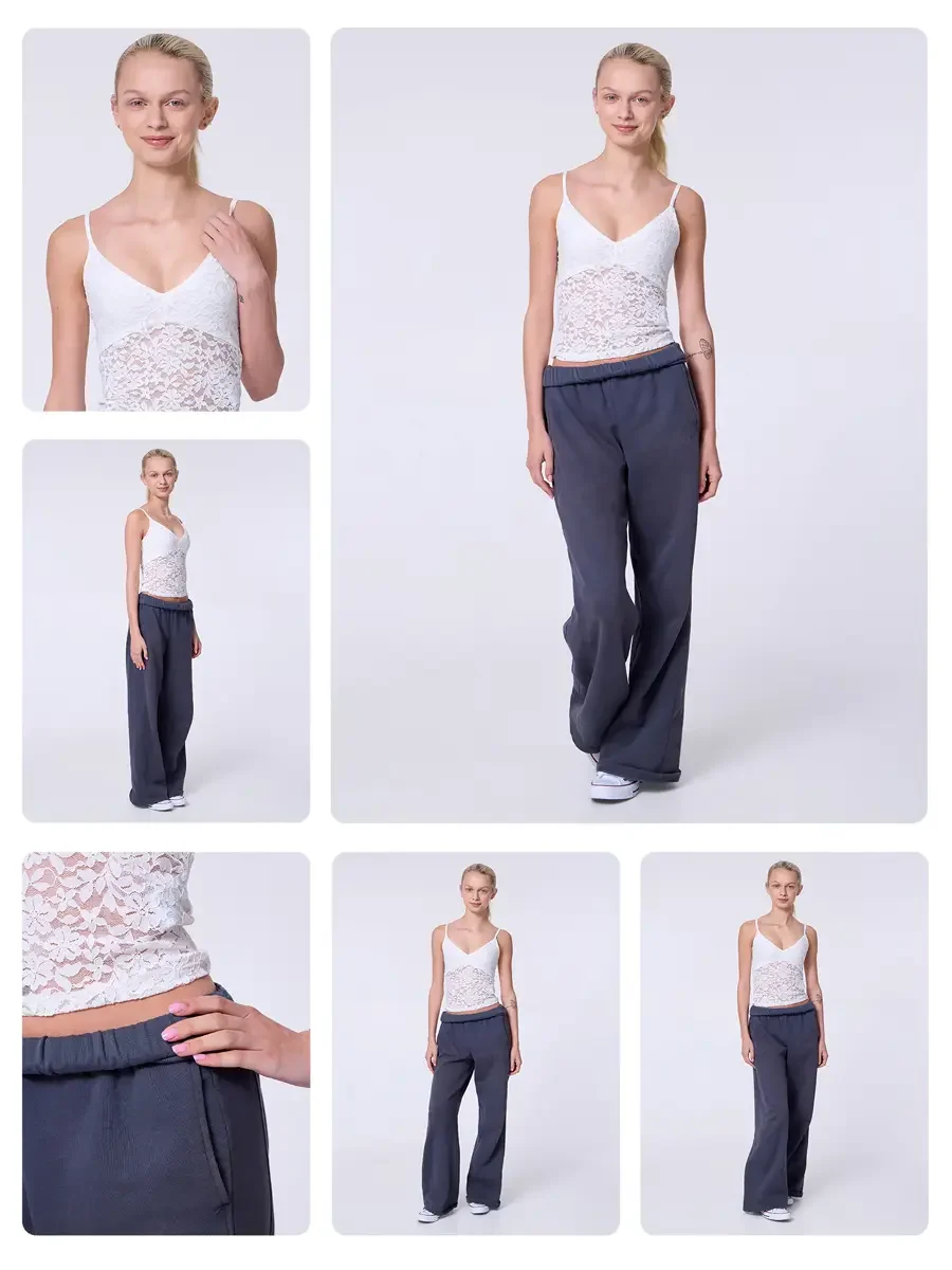 Model portfolio development comp card, commercial look, white lace crop camisole top, wide-leg charcoal gray sweatpants, white sneakers, hero image with alternate views and garment detail, light gray background, photographed by Scott Parker Photo, Ne