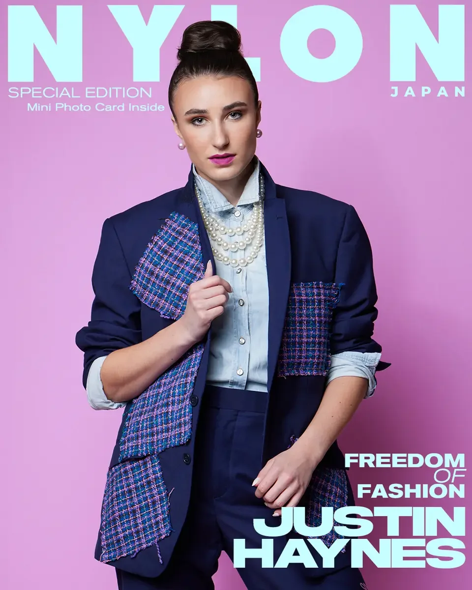 JUS10H 2025 Nylon Japan feature, Special Edition cover, Freedom of Fashion, navy patchwork blazer over denim shirt, layered pearl necklace, pink background, photographed by Scott Parker Photo