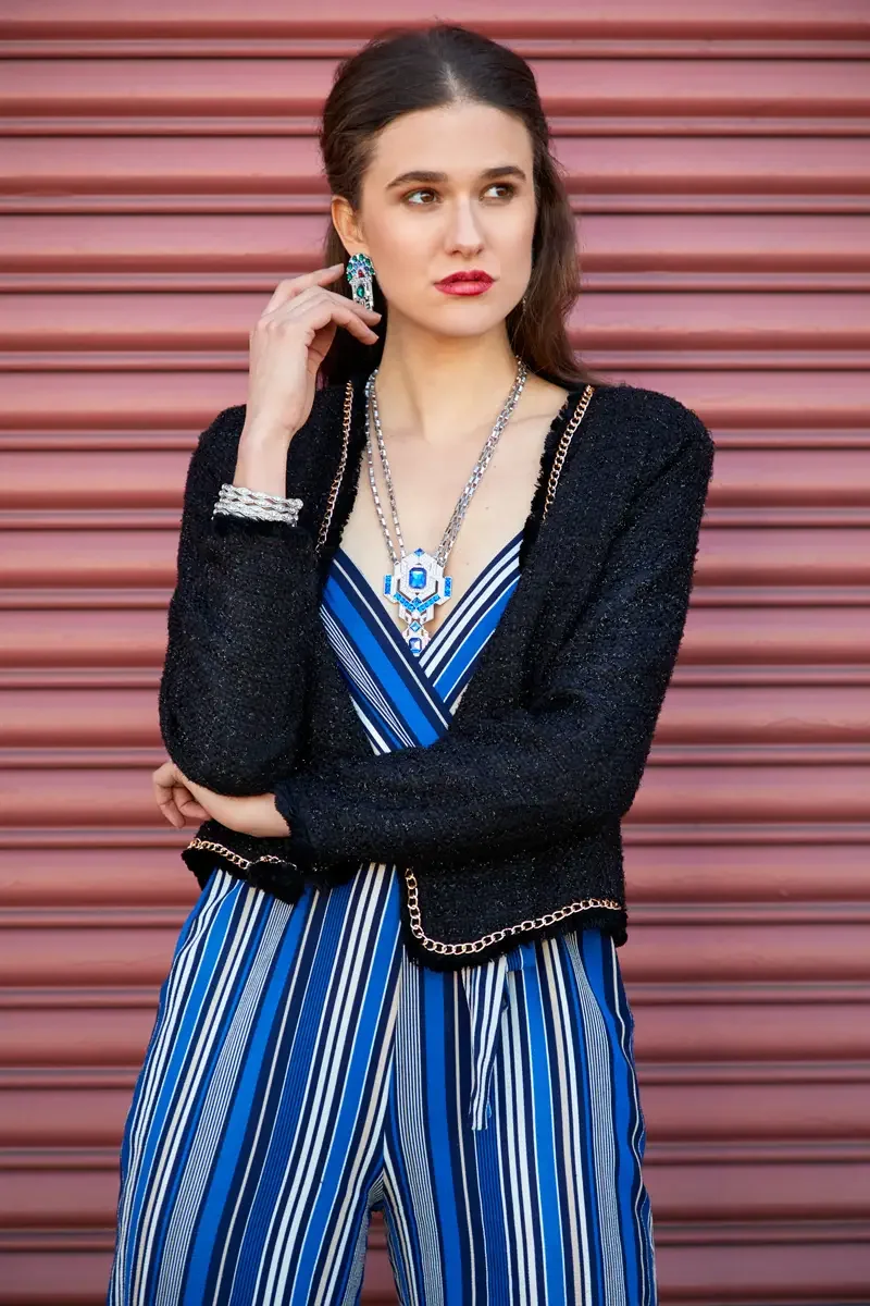Victoria Henley, art deco crystal earrings, black tweed jacket with gold chain trim, blue striped jumpsuit, pink corrugated metal door, Los Angeles fashion week test shoot, photographed by Scott Parker Photo