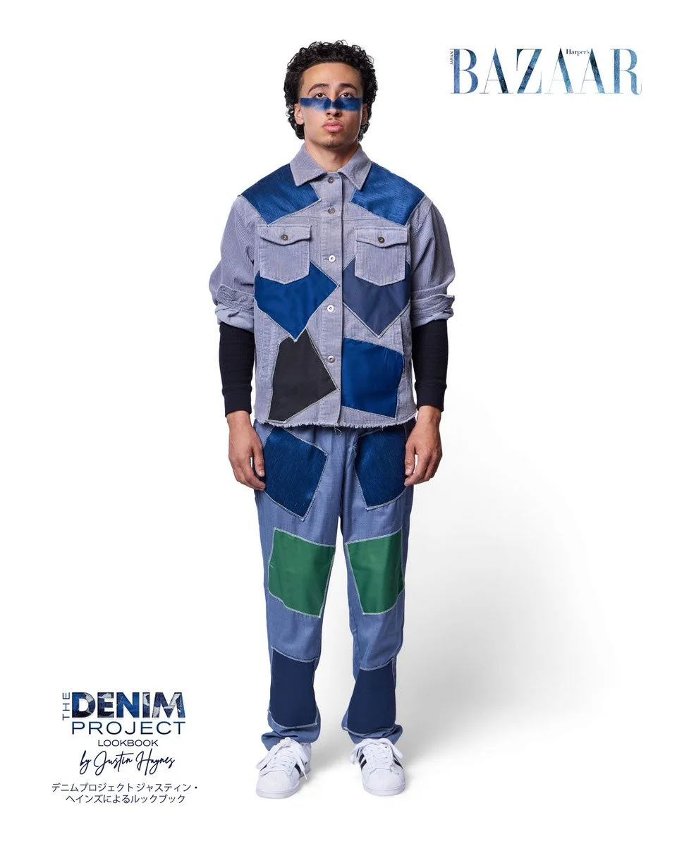 JUS10H Denim Project 2025 Harper's Bazaar Japan lookbook — male model in grey-blue corduroy patchwork co-ord set with bold geometric navy, grey, and green leather appliqué panels on both cropped raw-hem jacket and wide-leg trousers, black long-sleeve
