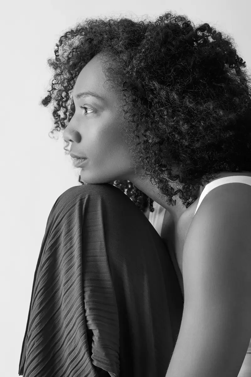 Arielle Chambers, black and white beauty portrait, white tank, studio cyc wall, East Williamsburg studio test shoot, makeup by Schanica Pickens, photographed by Scott Parker Photo
