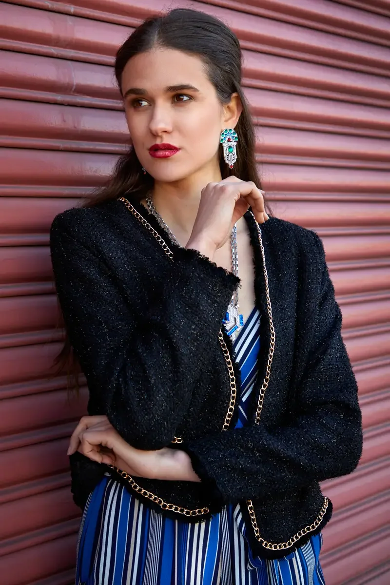 Victoria Henley, cream pearl headband, art deco crystal earrings, blue sapphire pendant necklace, black tweed jacket, pink corrugated metal door, Los Angeles fashion week test shoot, photographed by Scott Parker Photo