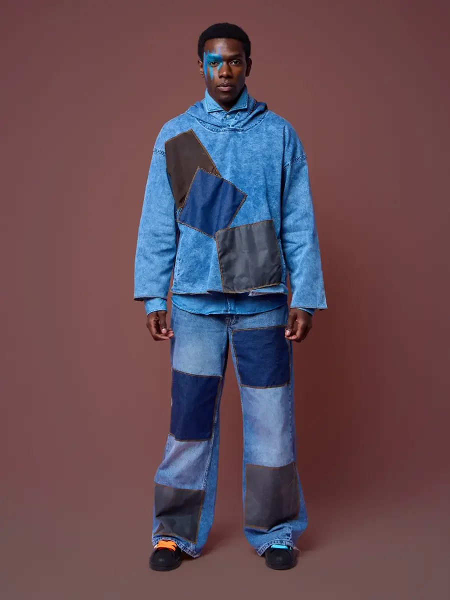 Spread-collar denim shirt under a denim hoodie, JUS10H Court Show lookbook
