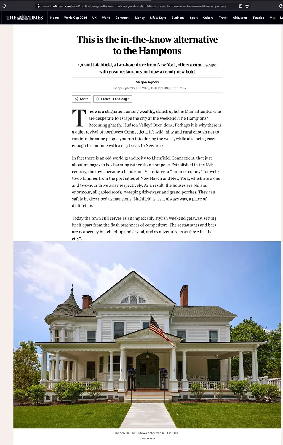 Belden House and Mews front view, Litchfield Connecticut, Queen Anne Victorian restoration, photography by Scott Parker, featured in The Times September 2025