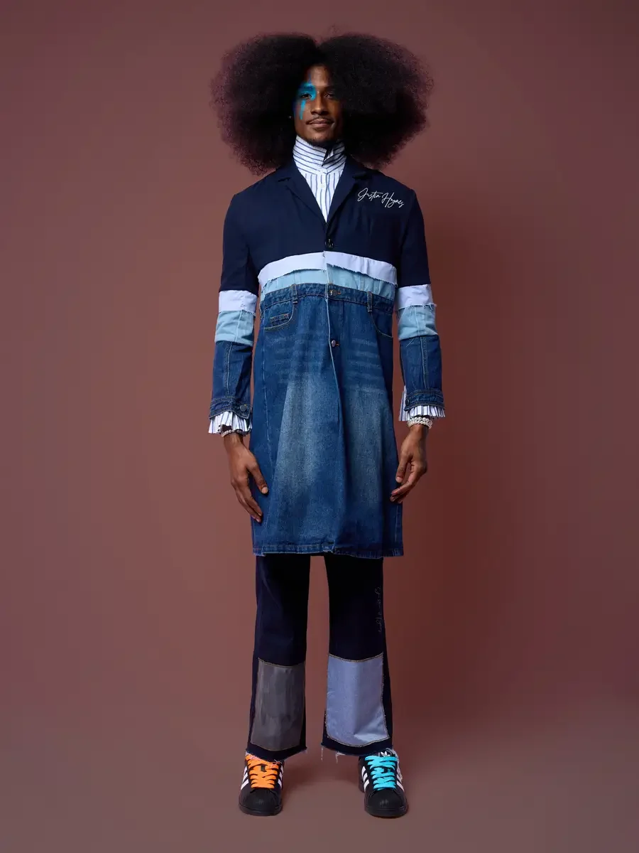 Ruffled-sleeve denim shirt showing below a stacked patchwork trench, turned pose, JUS10H Court Show lookbook