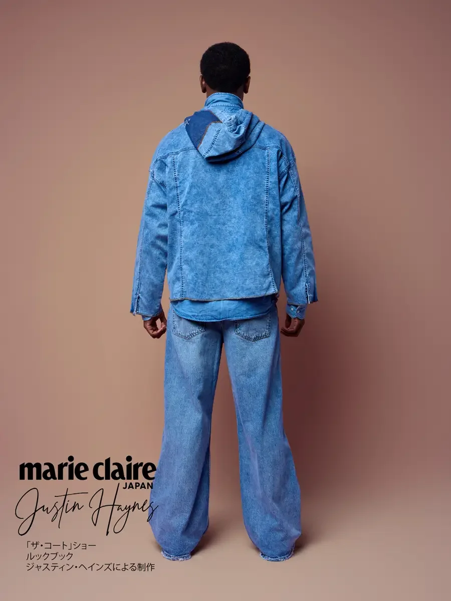 Back view of a denim hoodie with hood down, JUS10H Court Show lookbook
