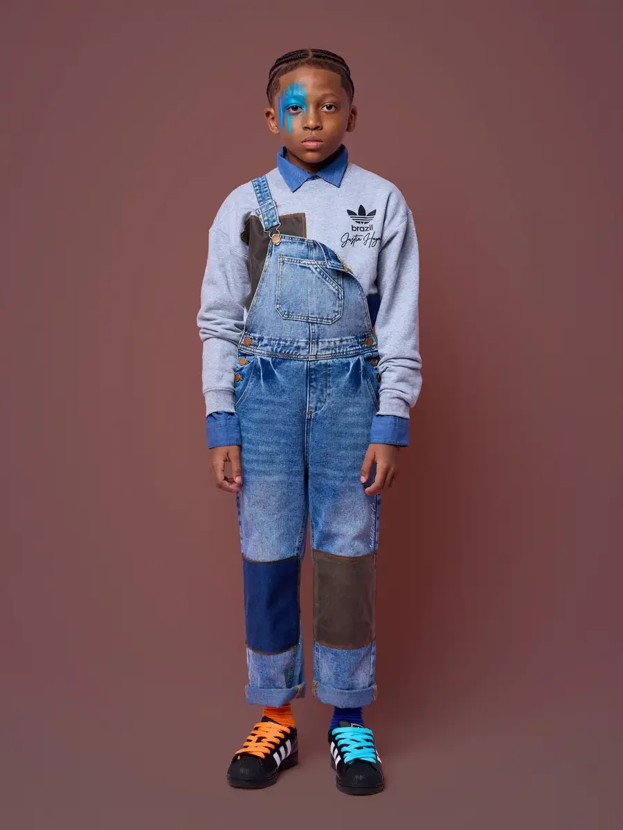 Kids denim overalls with contrast knee patches and cuffed hems, JUS10H Court Show lookbook