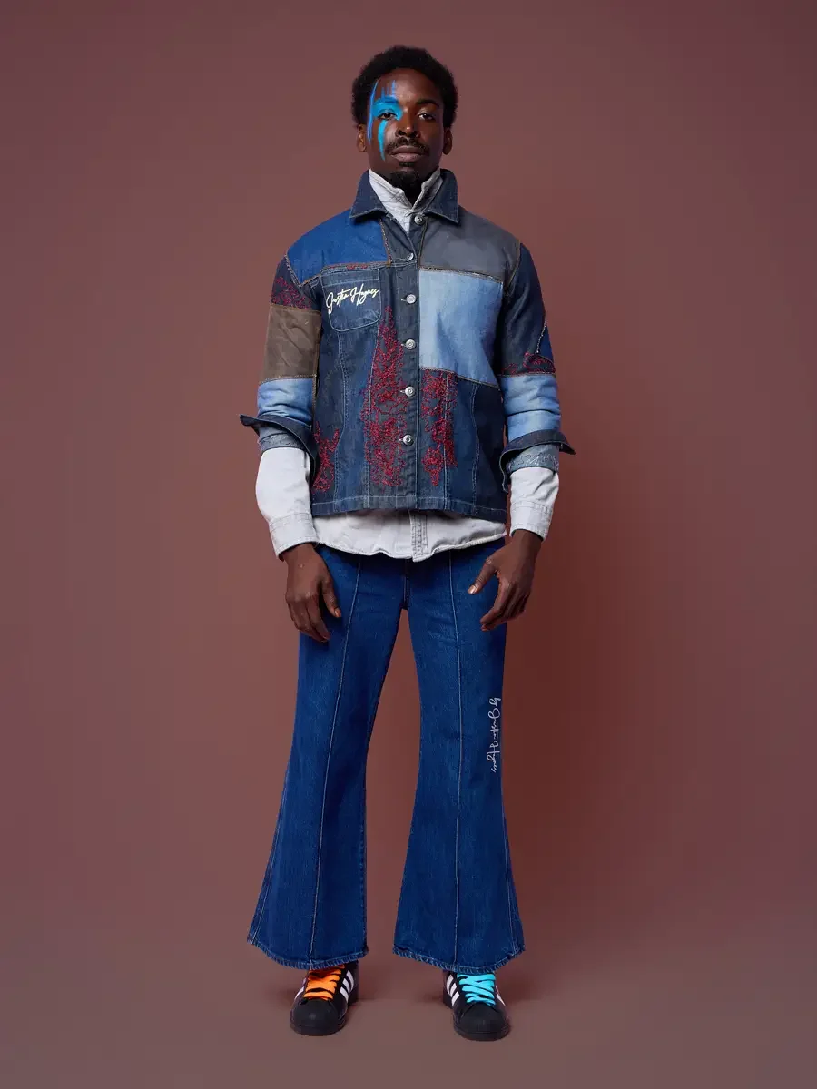 Floral embroidered denim jacket with wide-leg true blue jeans, JUS10H Court Show lookbook