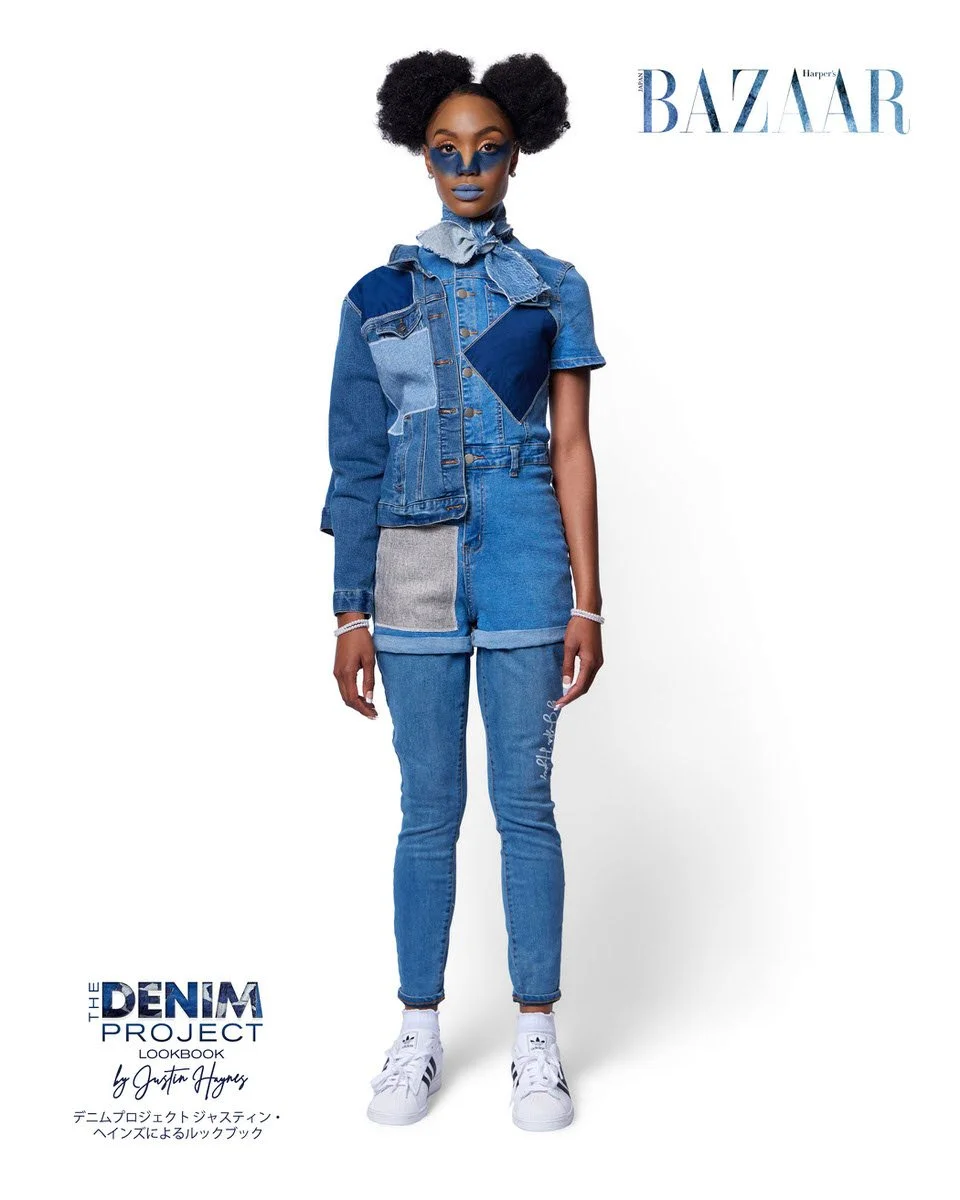 JUS10H Denim Project 2025 Harper's Bazaar Japan lookbook — model in medium-wash short-sleeve denim jacket with multi-wash patchwork panels and ruffled denim collar scarf, layered over a light-wash patchwork denim romper with grey flannel pocket panel