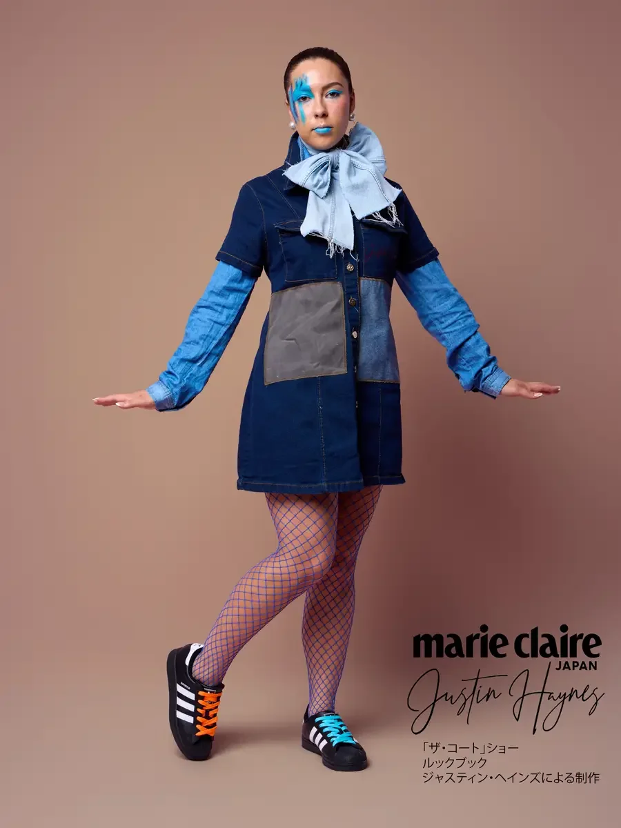 Denim shirt dress, arms out, JUS10H Court Show lookbook, photographed by Scott Parker Photo, Marie Claire Japan