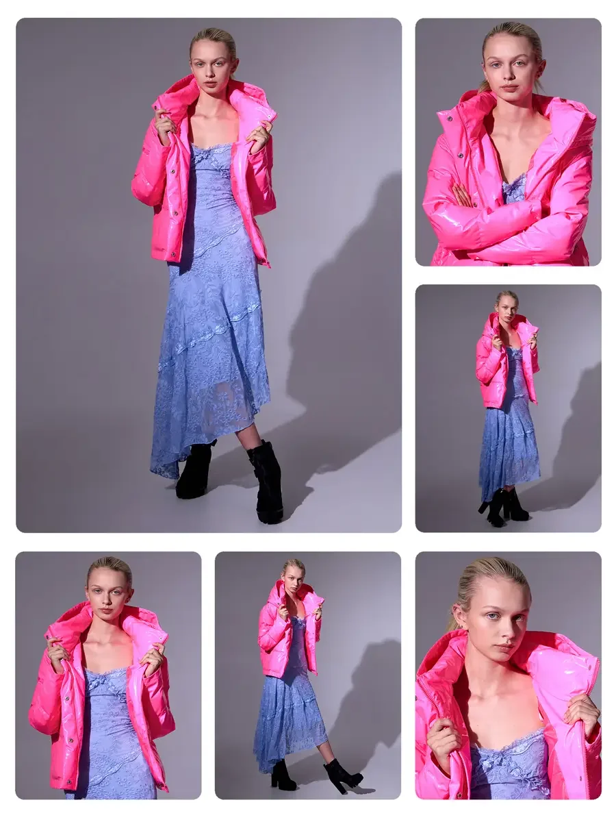 Model portfolio development comp card, high fashion editorial look, hot pink vinyl puffer jacket over periwinkle blue lace asymmetrical midi dress, black ankle boots, hero image with alternate views, dark gray background, photographed by Scott Parker