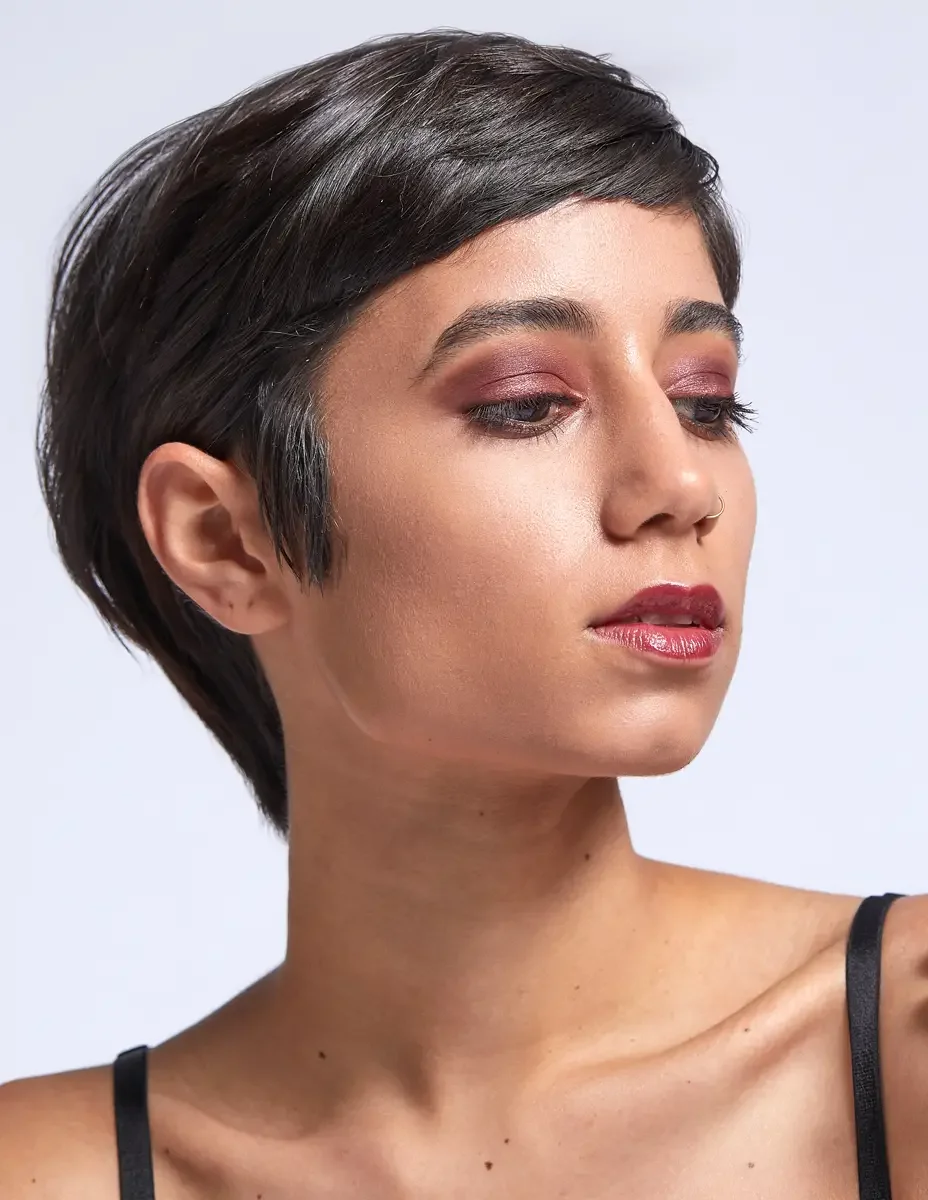 Eloissa, tight beauty portrait, berry lip and rose eye shadow, pixie cut, nose ring, East Williamsburg studio test shoot, makeup by Schanica Pickens, photographed by Scott Parker Photo