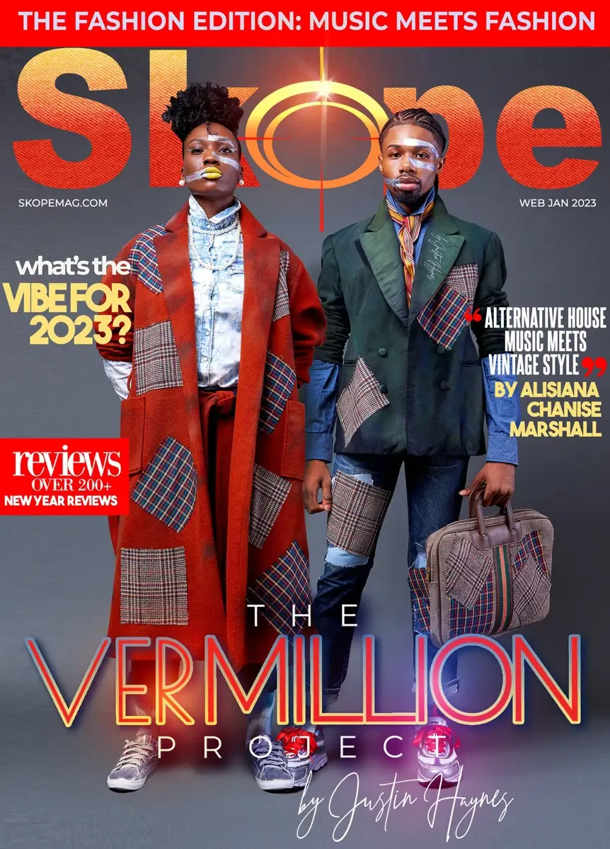 JUS10H 2023 Skope Magazine feature, The Vermillion Project cover, two-model editorial in red patchwork wool coat and green patchwork blazer, Music Meets Fashion edition, photographed by Scott Parker Photo