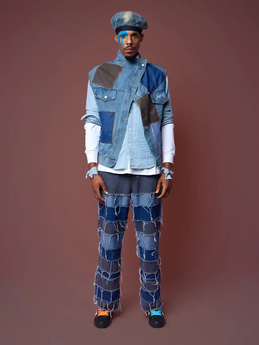 Jeans built from rows of frayed patchwork under an asymmetrical denim vest, JUS10H Court Show lookbook