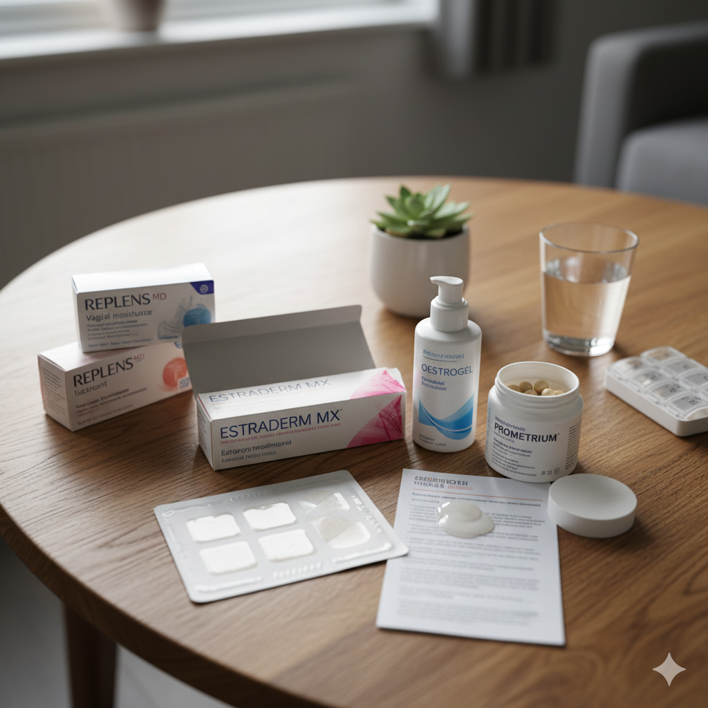 Collection of medical and health products on a wooden table, including various boxes, bottles, a glass of water, and some informational pamphlets, with a small potted succulent plant in the background.