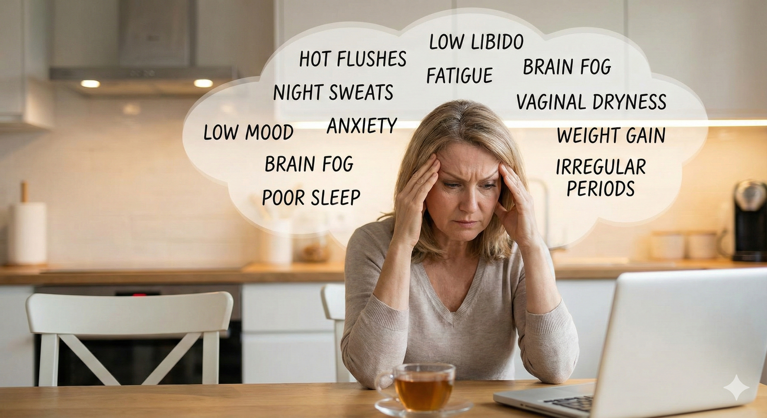 A woman sitting at a kitchen table looking stressed, with her hands on her head, and a laptop in front of her. Above her head is a thought bubble listing symptoms such as hot flushes, night sweats, low mood, brain fog, poor sleep, low libido, fatigue, anxiety, vaginal dryness, weight gain, irregular periods, and brain fog.