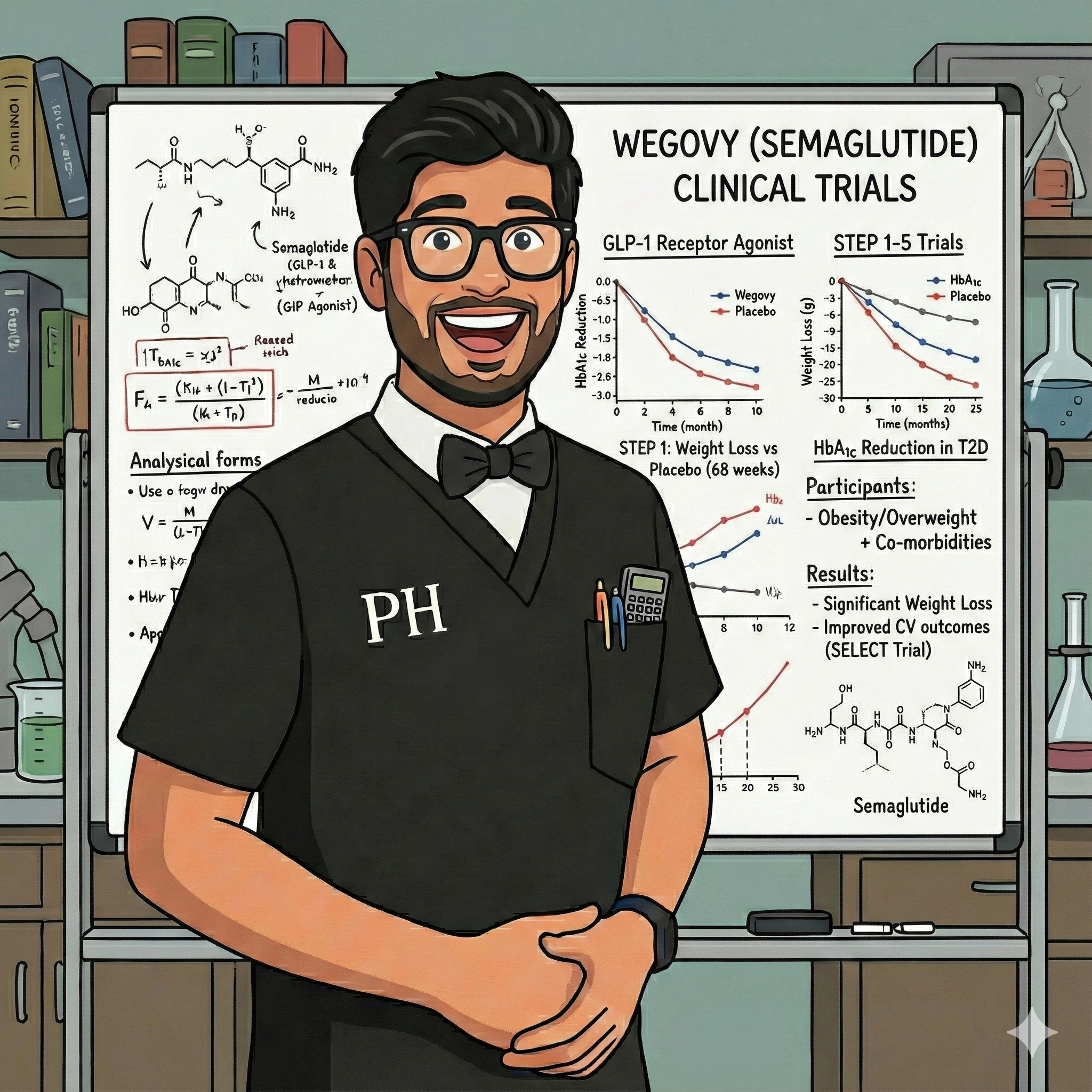 A scientist in black attire with glasses and a bowtie standing in front of a scientific poster about clinical trials for Wegovy (semaglutide). The poster includes graphs, chemical diagrams, and information about the study. The scientist is smiling and posing with his hands clasped in front of him.