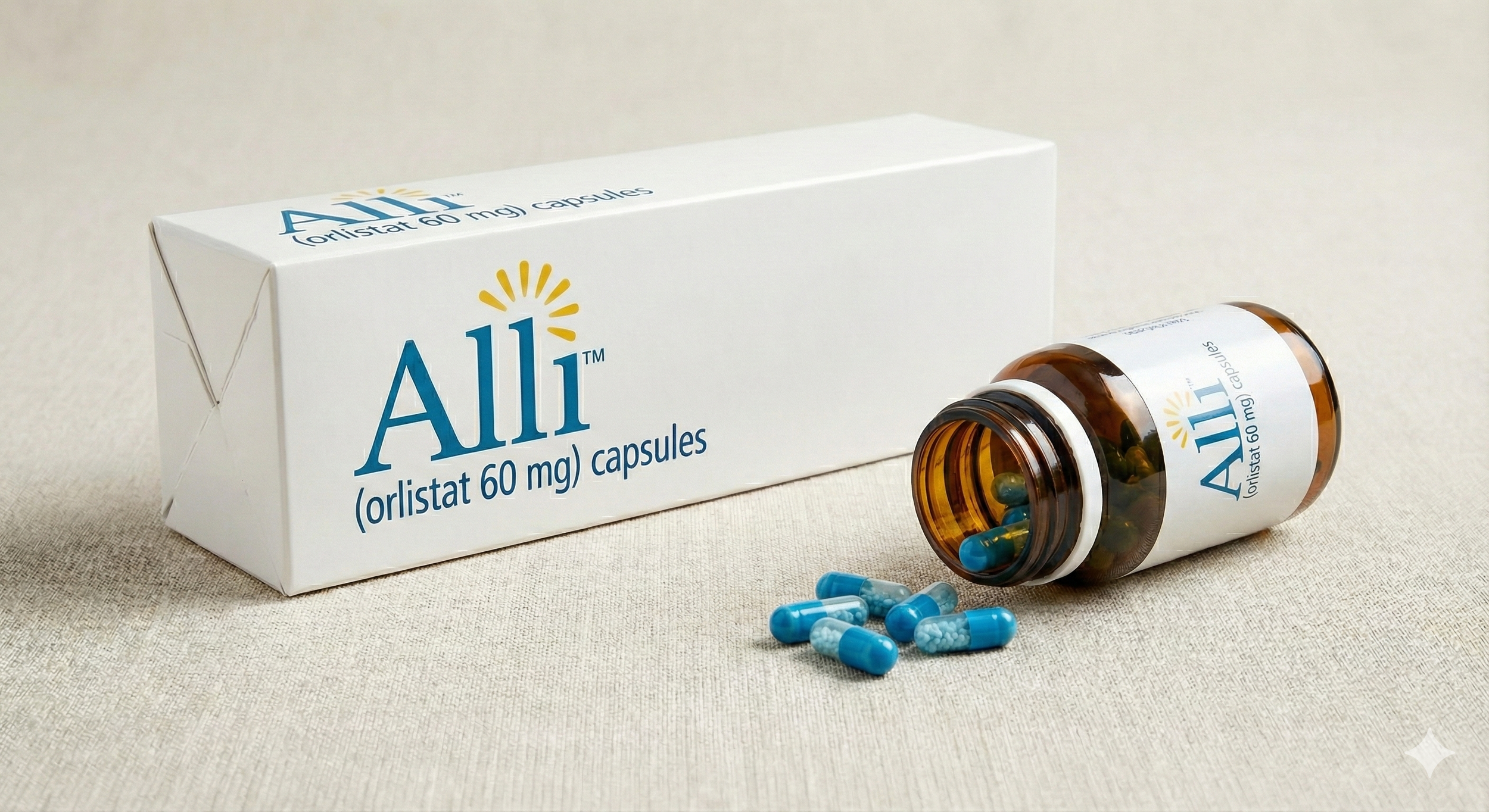 A white box labeled 'Alli (orlistat 60 mg) capsules' and a brown pill bottle with a white label and blue capsules spilling out.