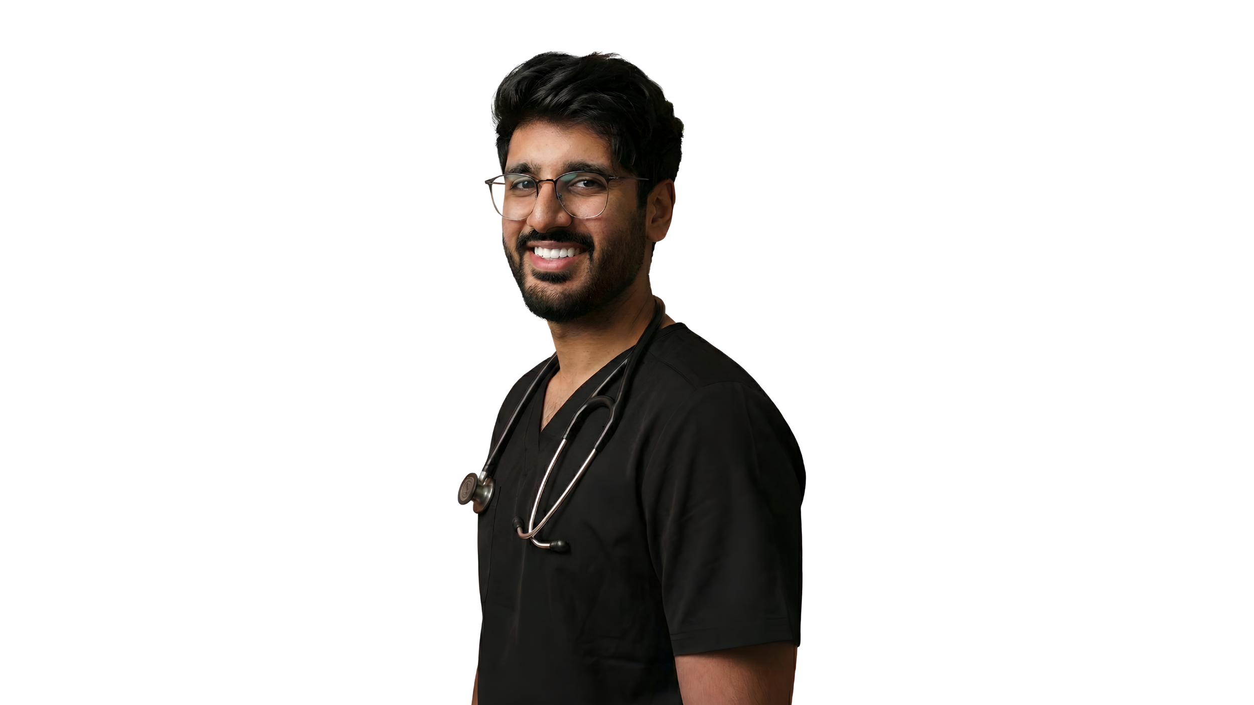 A young male healthcare professional with dark hair, glasses, and a beard, smiling and wearing black scrubs with a stethoscope around his neck, against a black background.