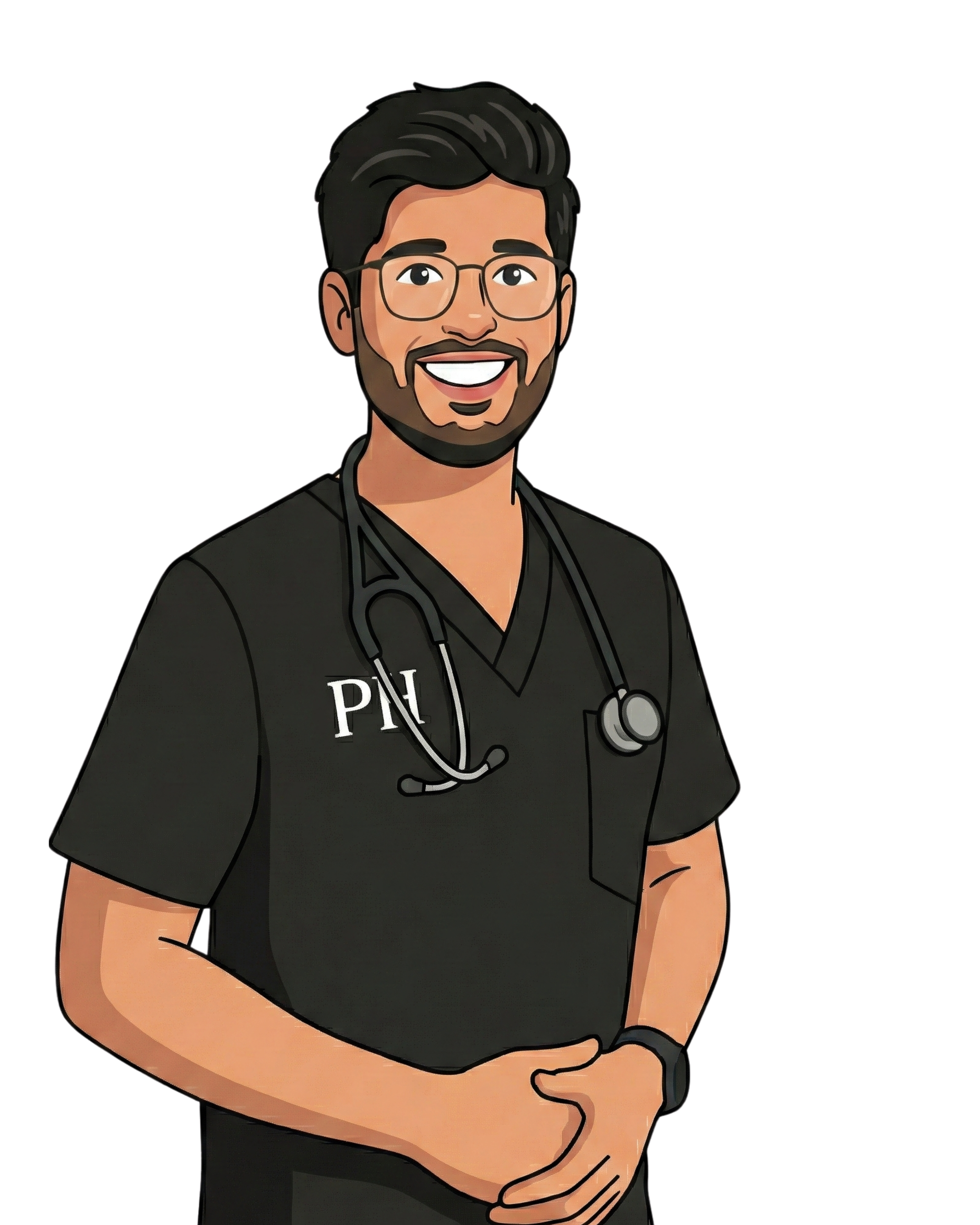 Illustration of a smiling male doctor with glasses, beard, and dark hair, wearing a black scrub top with 'PN' on it and a stethoscope around his neck.