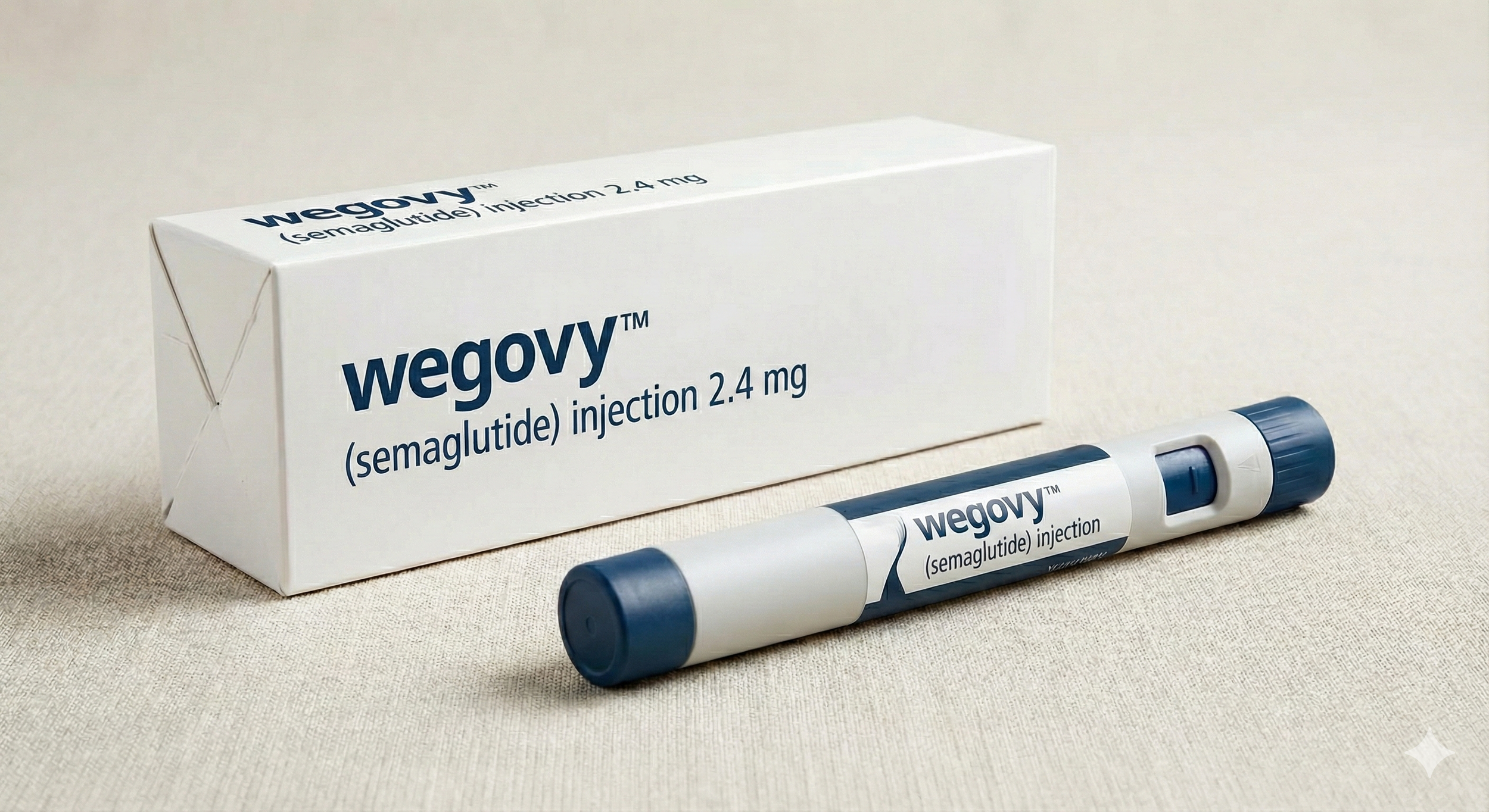 A medical box and a syringe labeled Wegovy, a semaglutide injection, are placed on a beige surface. The box is white with blue text, and the syringe has a blue cap and a label matching the box.