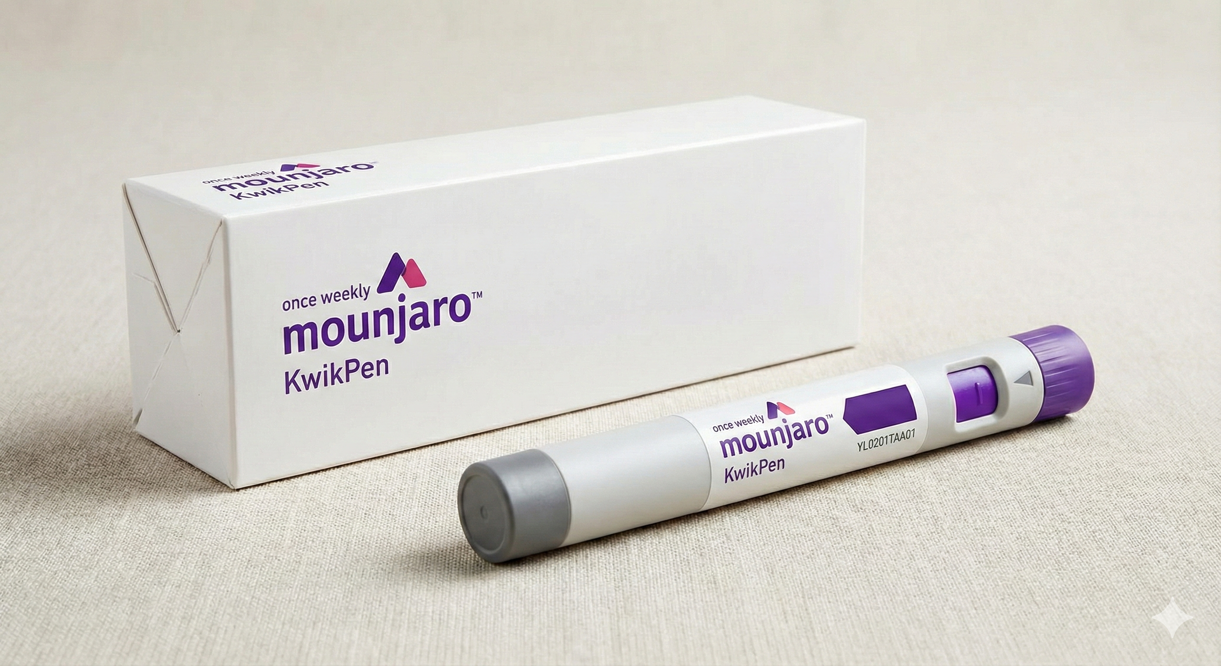 A white box labeled 'once weekly mounjaro KwikPen' with purple and pink branding, and a white pen-like medical device with purple accents laying on a beige surface.
