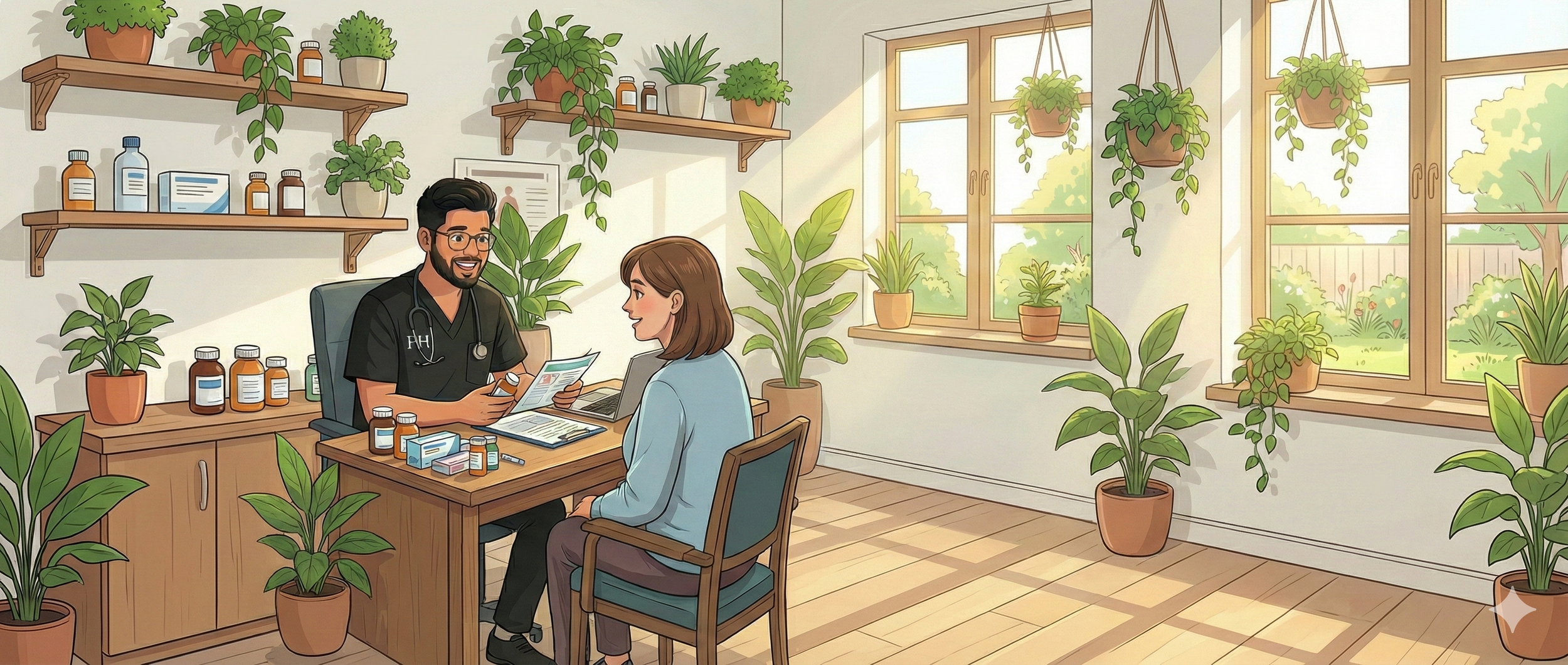 A doctor and a woman are sitting in a bright, plant-filled medical office. The doctor, wearing black scrubs with a stethoscope, is smiling and showing a medication bottle to the woman, who is dressed casually and attentively listening. The office has large windows, potted plants, and shelves with medicine bottles and books.