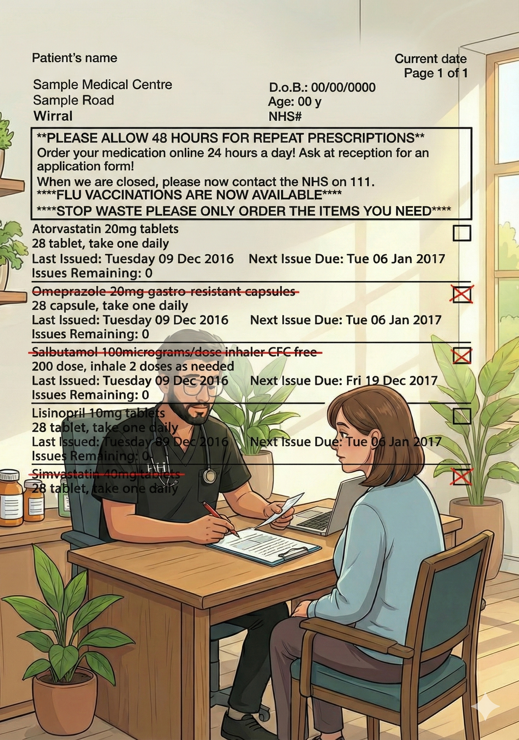 Illustration of a doctor consulting with a female patient in a medical office, with a detailed prescription list visible on the wall.