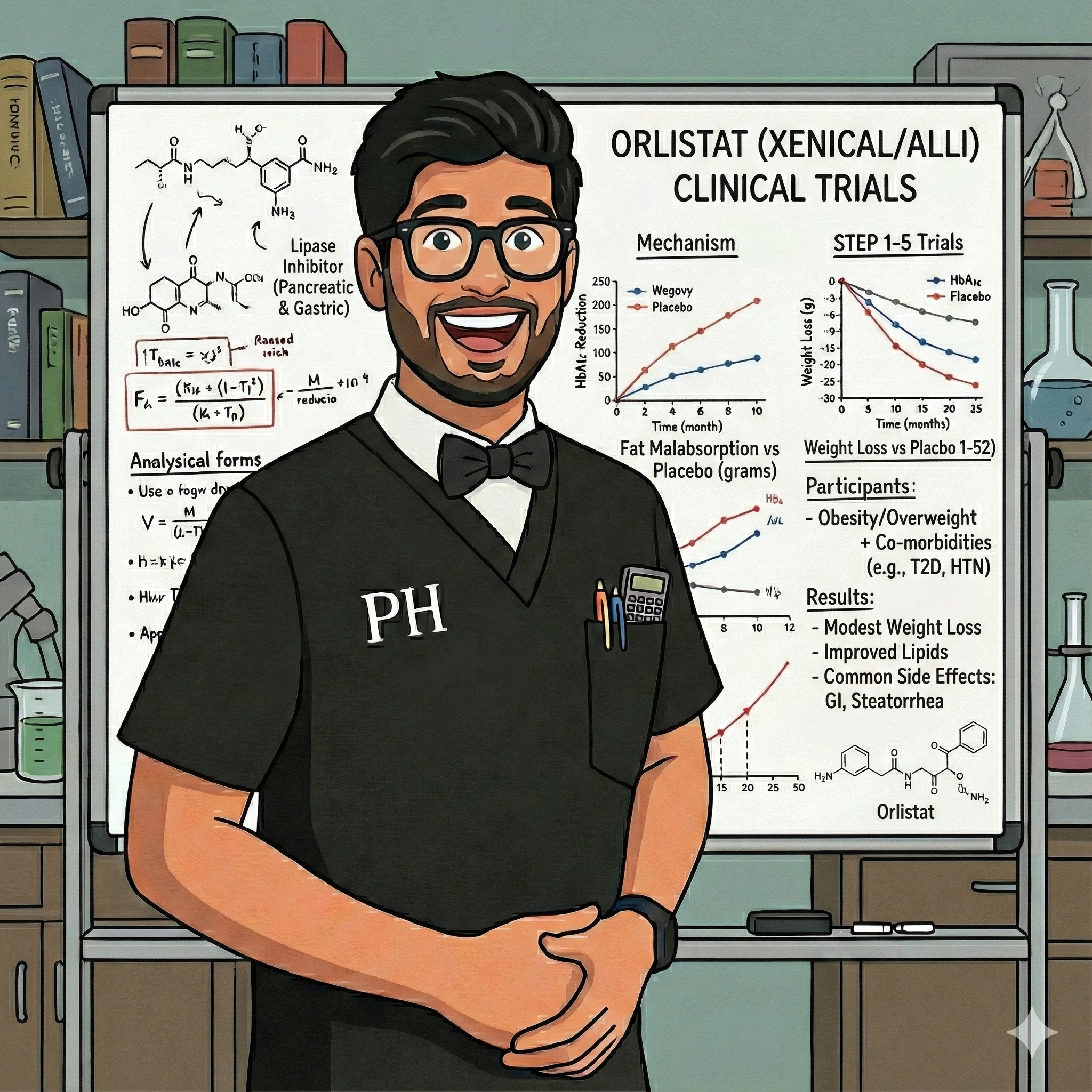 A man in black tuxedo with glasses, a bow tie, and a PH badge, smiling in front of a scientific research poster about ORLISTAT clinical trials. The poster includes chemical structures, graphs, and text details.