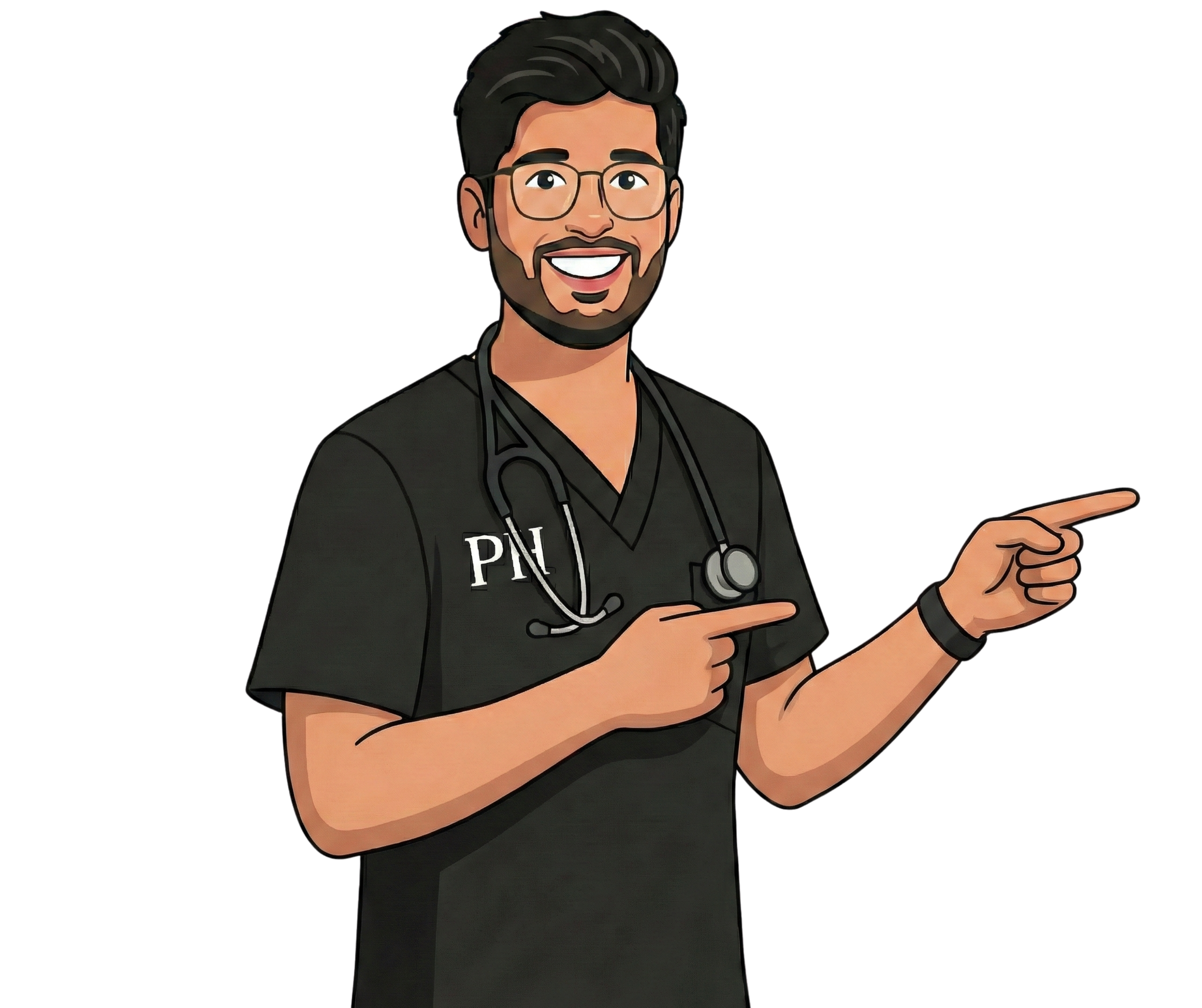 Cartoon of a smiling man with glasses, beard, black hair, wearing a black medical scrub with 'PN' on it and a stethoscope around his neck, pointing to the side with both hands.