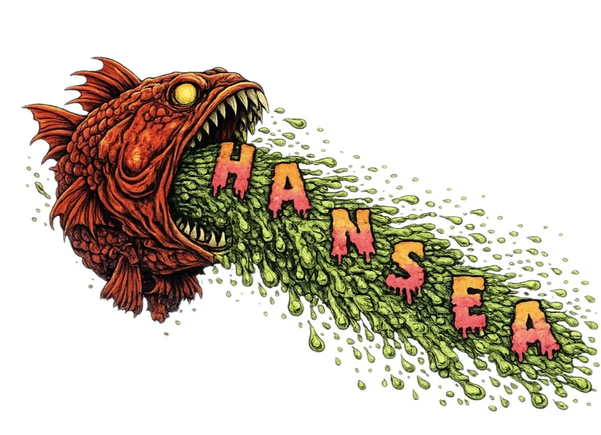 A grotesque fish head with sharp teeth and glowing yellow eyes spewing green slime that forms the word 'HANS EIA' in dripping pink and orange letters.