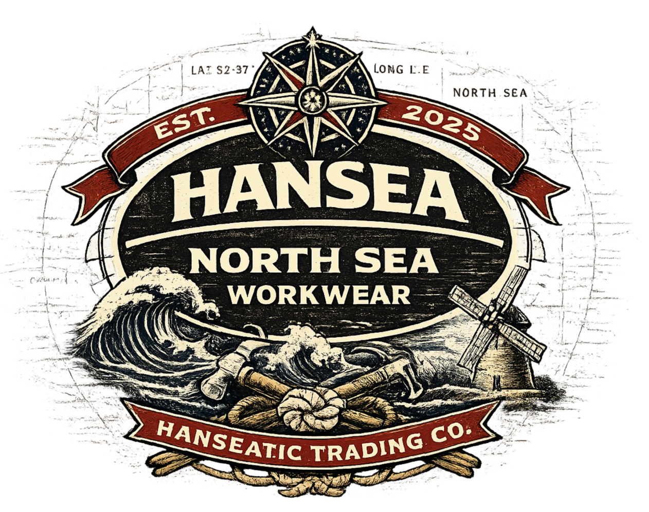 Hanseatic Trading Company Logo - A vintage style emblem with a nautical theme, featuring a lighthouse, waves, sailors' tools, and a windmill. The text includes 'Hansea,' 'North Sea Workwear,' 'EST. 2025,' and 'Hanseatic Trading Co.'