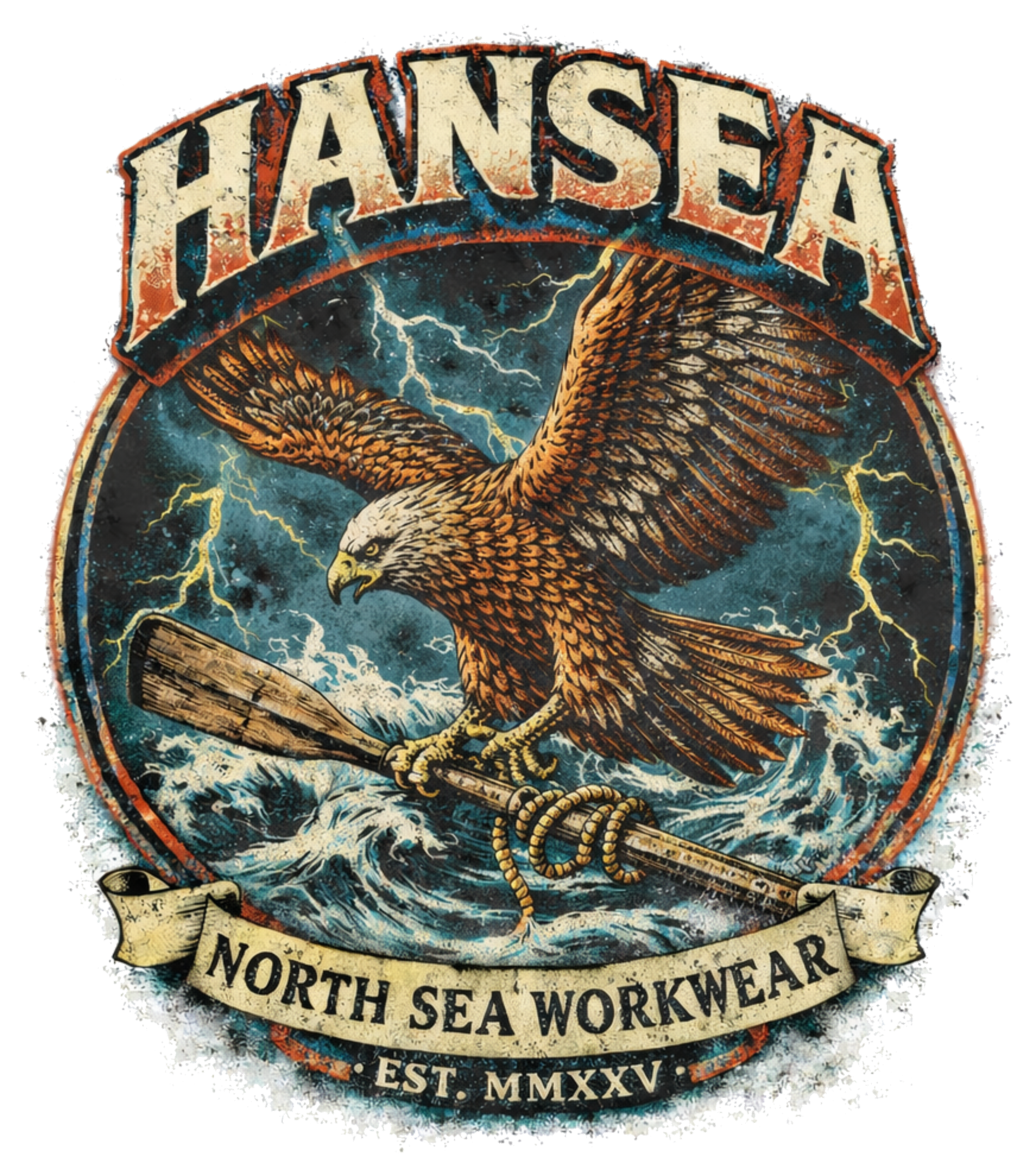 A vintage-style emblem with an eagle clutching a paddle, surrounded by stormy waters and lightning, with the text 'Hansea' at the top and 'North Sea Workwear' and 'Est. MMXXV' at the bottom.