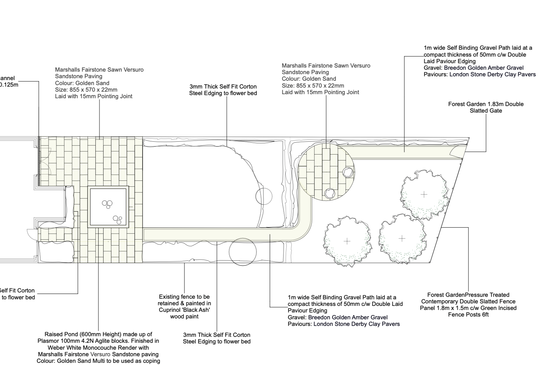 Landscape architectural plan showing pathways, fencing, gates, planting areas, a pond, and paved surfaces, with detailed annotations about materials and dimensions.