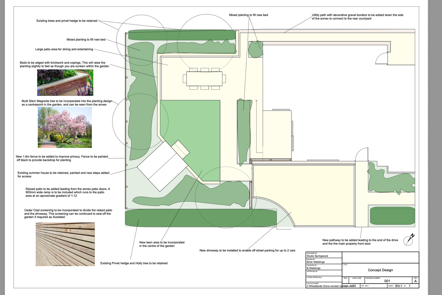 Landscape design plan for a garden and backyard area, including existing trees, new planting beds, a raised patio, a lawn area, fencing, pathways, and an existing summer house. The plan indicates areas for privacy, screening, and planting, with notes about specific elements like magnolia trees, cedar cladding screening, and fencing.