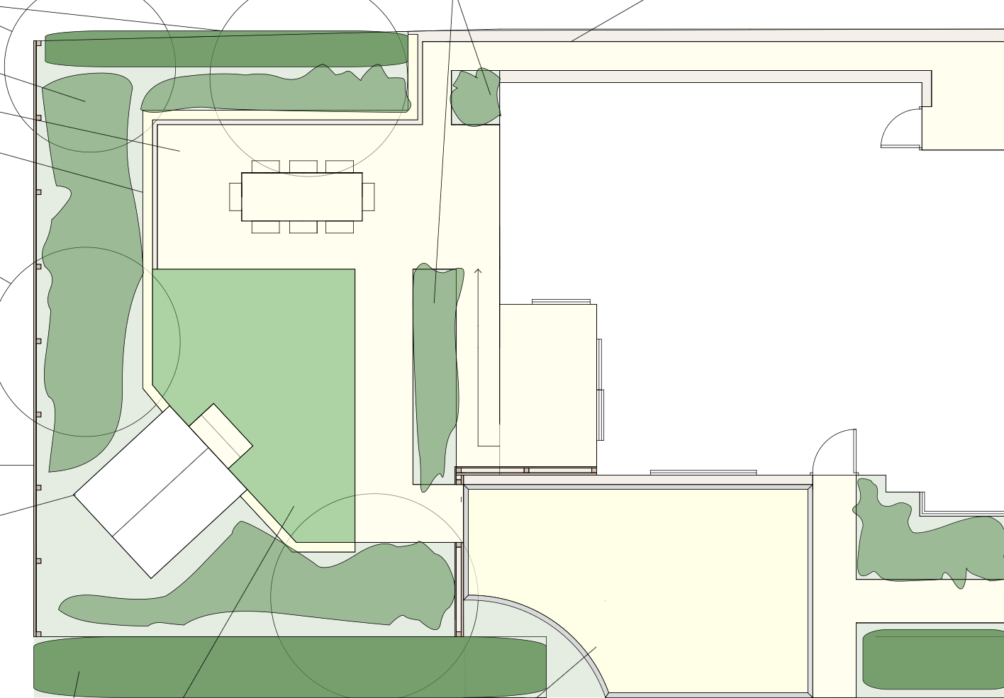 A landscape design plan showing green lawns, shrubbery, and trees around a house with a patio area and outdoor dining space.