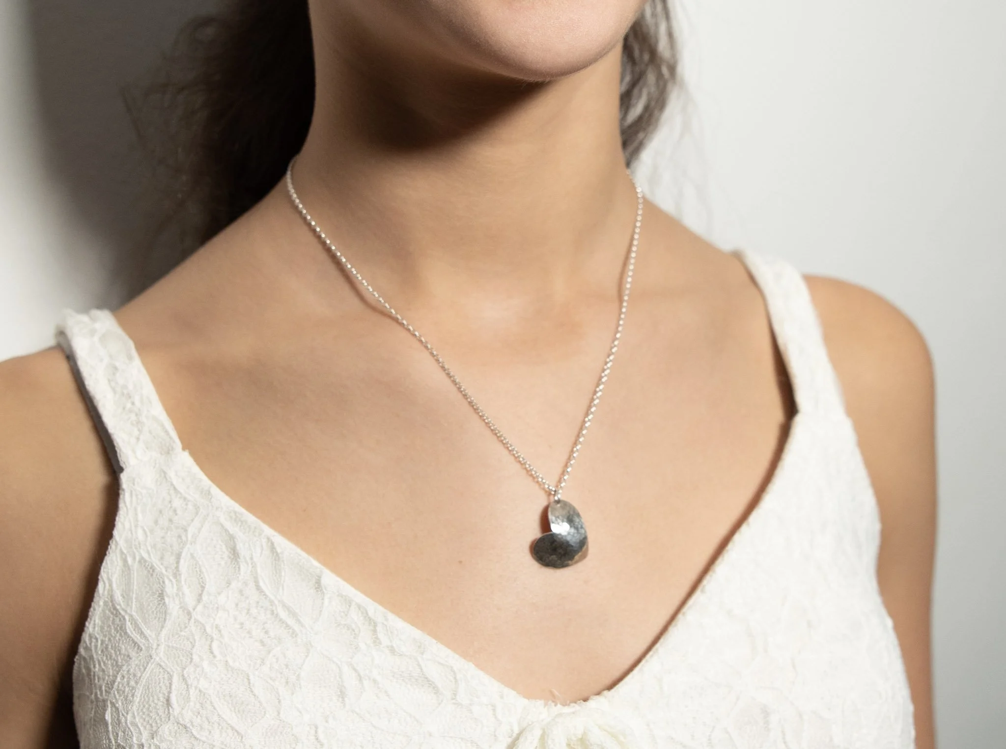 Silver "Venus" Hammer-Textured and Domed Heart Design Sterling Silver Pendant with Necklace