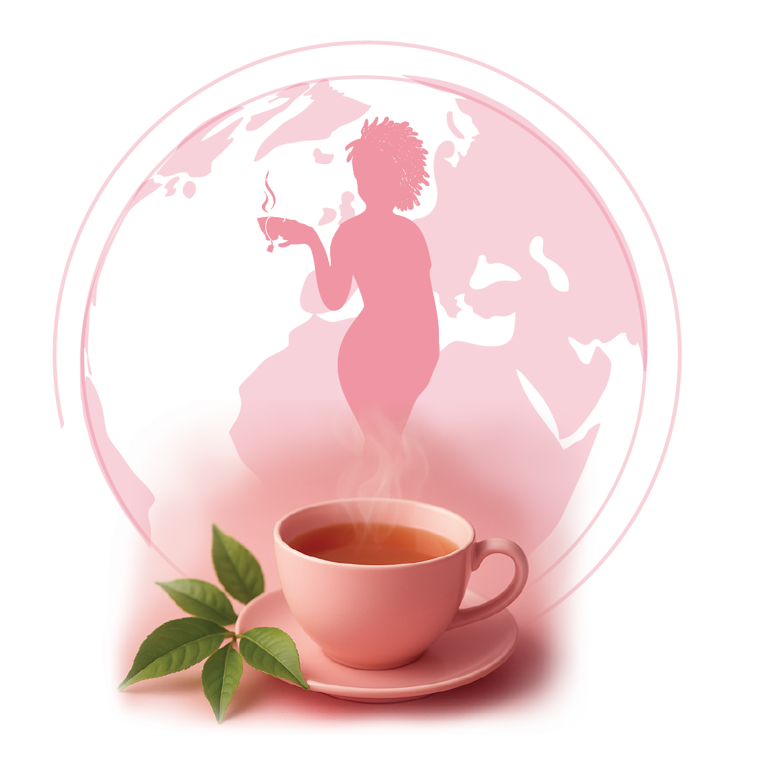 Pink teacup with hot tea on a matching pink saucer, accompanied by green tea leaves, against a pink background with a silhouette of a woman holding a teacup.