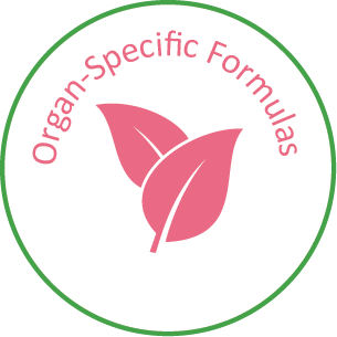 Logo with pink leaves and the text 'Organ-Specific Formulas' in a circular arrangement.