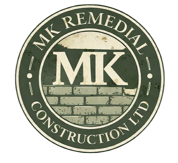 Logo of MK Remedial Construction Ltd featuring a circular design with a brick wall graphic, the initials 'MK' in the center, and the company name around the edge.