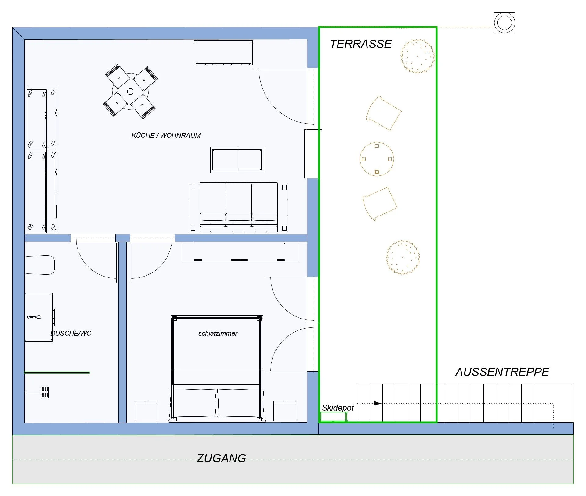 Grundriss eines Hauses mit Küche/Wohnraum, Schlafzimmer, Duschbad, Terrasse und Außentreppe.