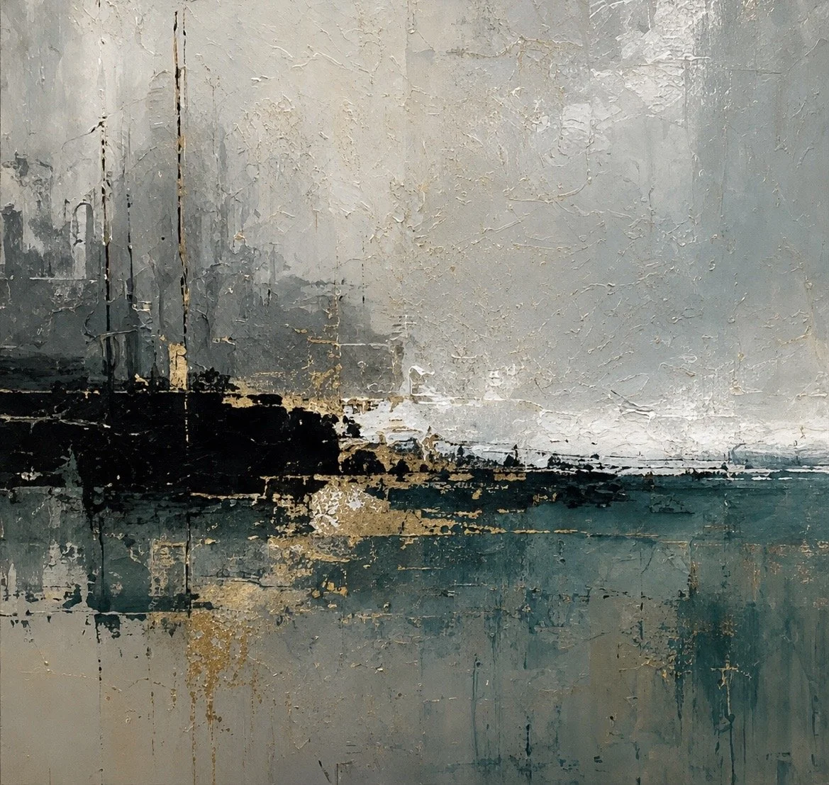 Abstract painting with muted tones of gray, white, black, and hints of gold, depicting a cityscape and water reflection.