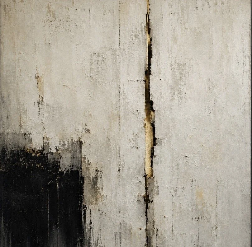 A close-up of a cracked, weathered concrete or plaster wall with peeling paint and exposed underlying layer.