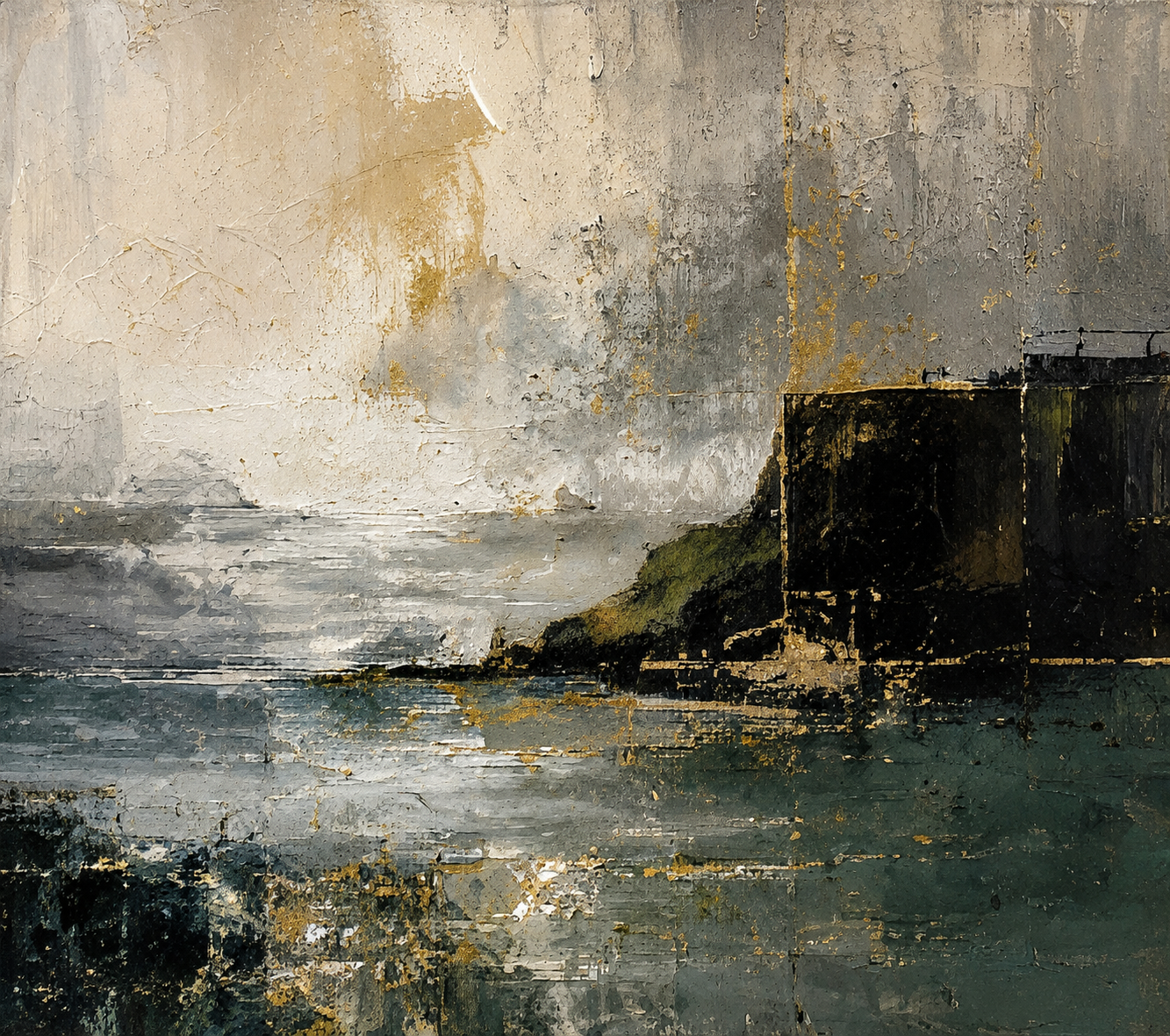 An abstract painting with muted tones of gray, beige, black, and hints of green, depicting a coastal scene with cliffs, water, and sky, using textured brushstrokes.