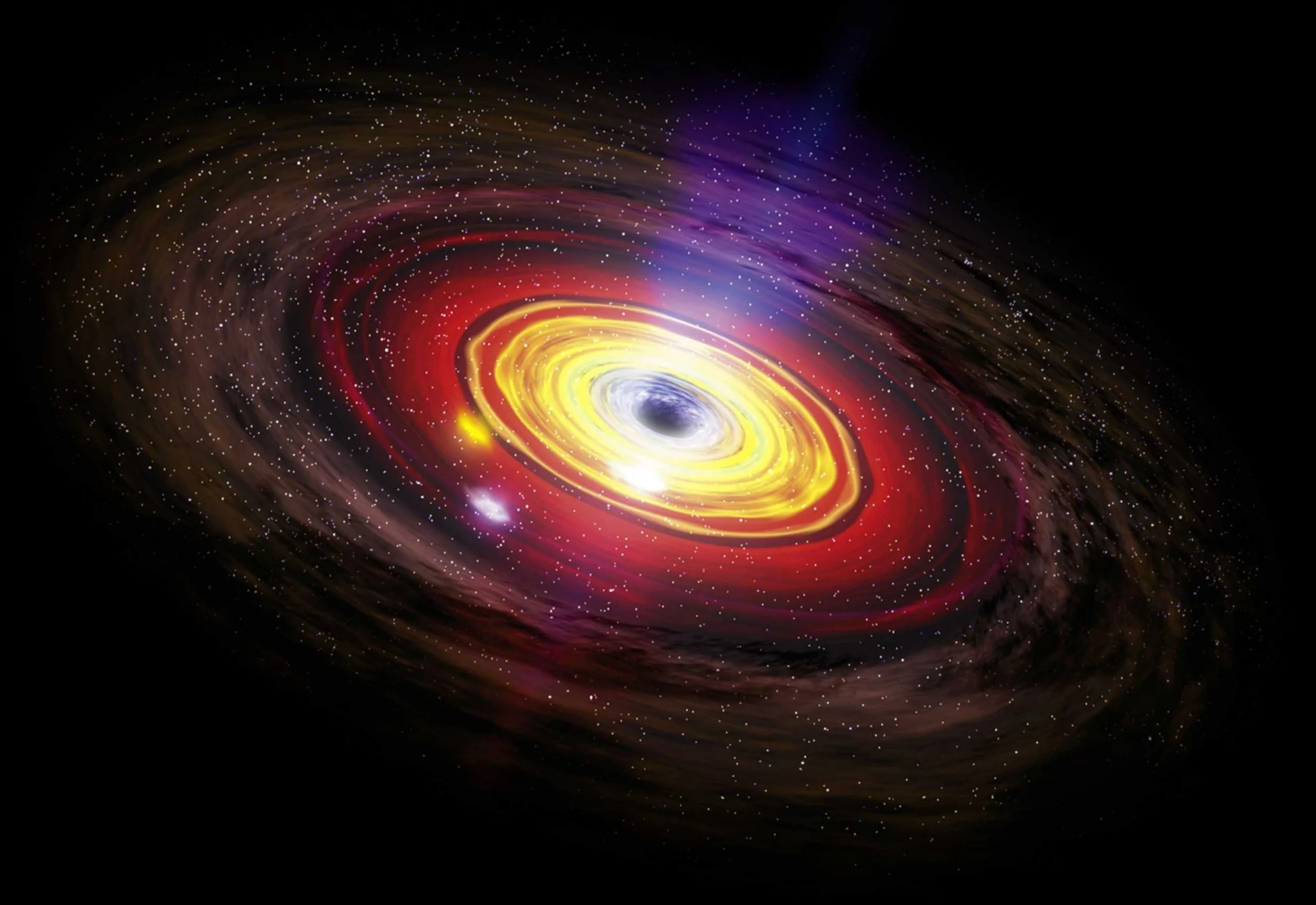 A digital illustration of a black hole with swirling colorful gases including yellow, red, purple, and white, surrounded by starry space.
