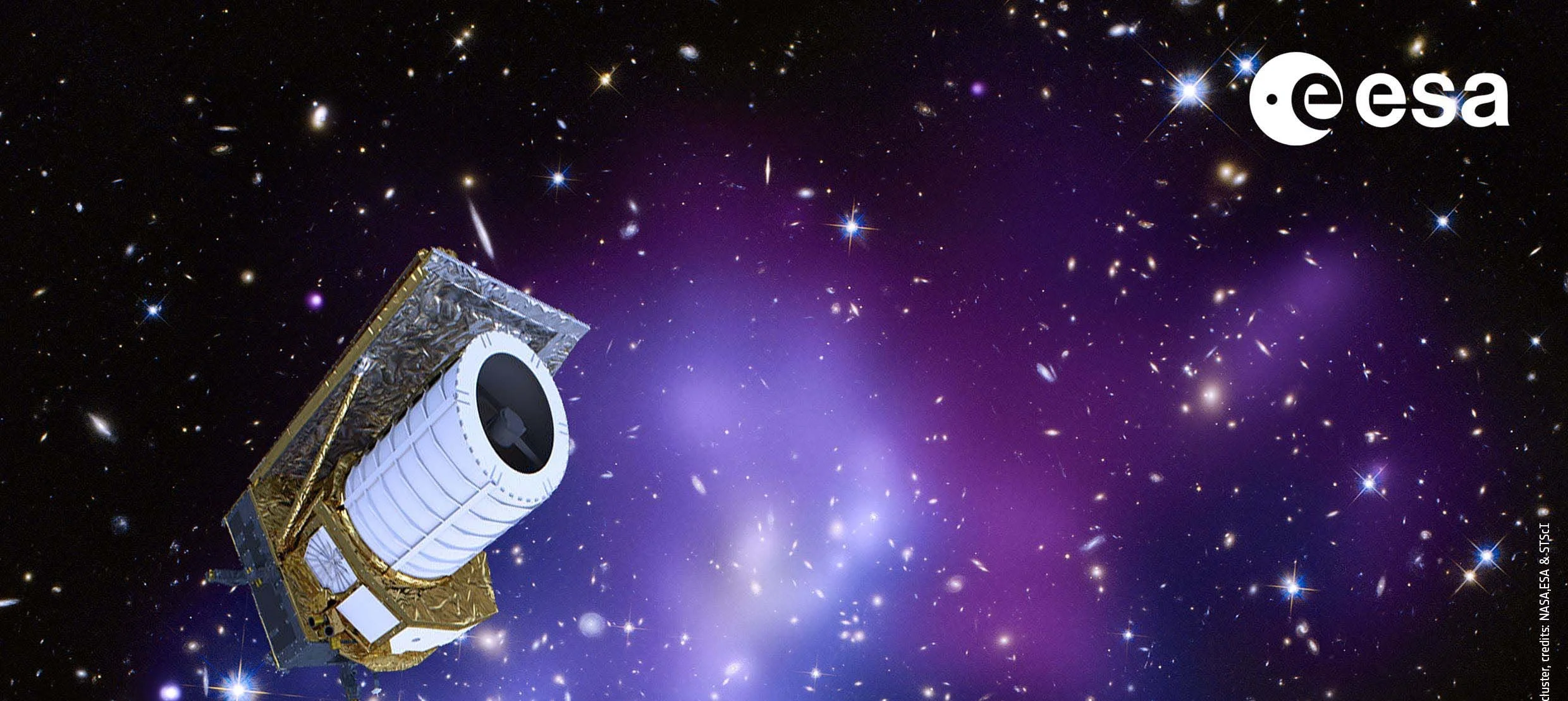 Artwork of a space telescope in orbit with a background of stars and galaxies