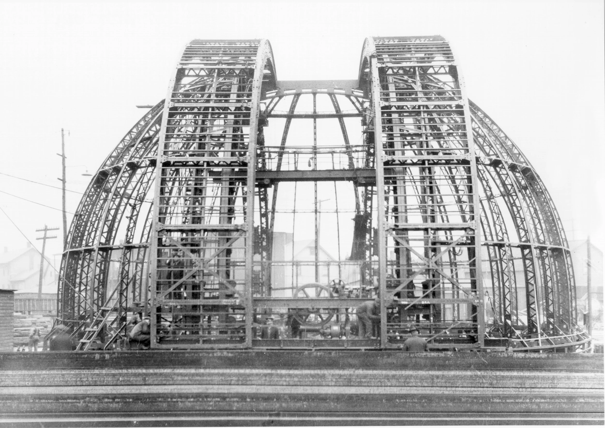 Dome structure, top half of dome assembled on ground at Warner &amp; Swasey factory, Cleveland